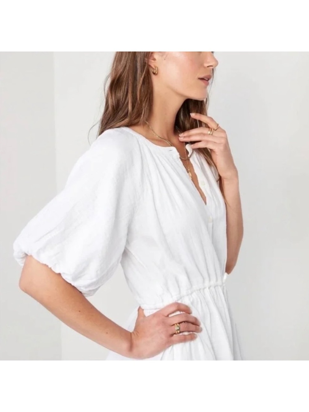 NWT OLD NAVY WMNS L White crinkle-gauze puff-sleeve mini dress 100% Cotton